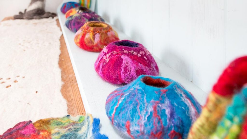 Colourful bowls made from dyed and felted wool